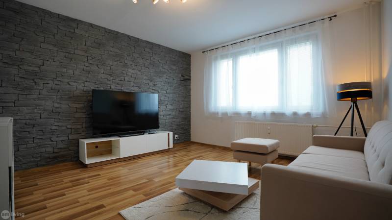 Living room in a two-room apartment with a stone wall, sofa, and television.
