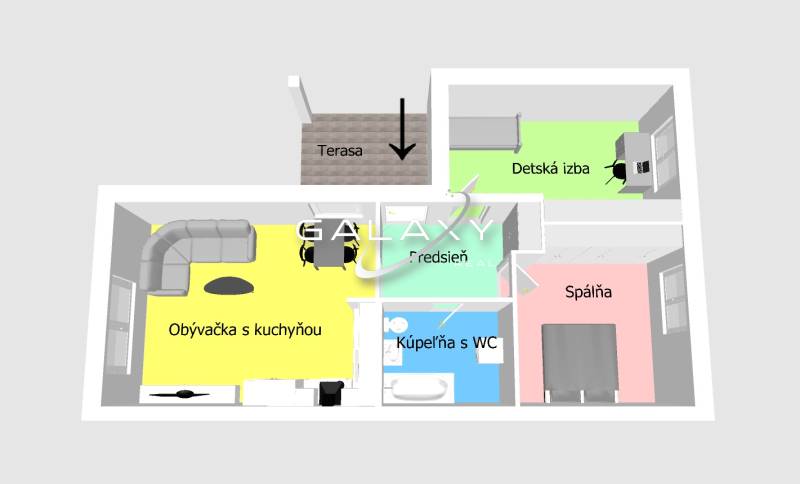 Floor plan of a family house with a living room, kitchen, bedroom, children's room, and bathroom.
