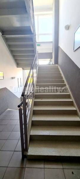 A staircase in the office with a simple railing and natural light.
