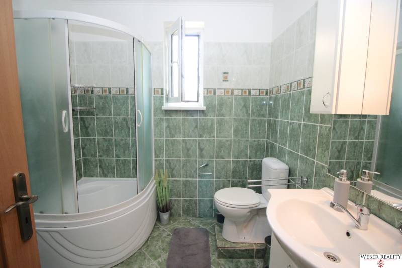 A bathroom in a family house with green tiles, a shower corner, and a sink.