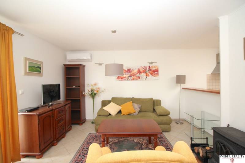 Living room of a family house with a sofa, armchair, cabinet, and television.