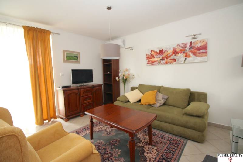 Living room in a family house with a sofa, armchair, table, and television.