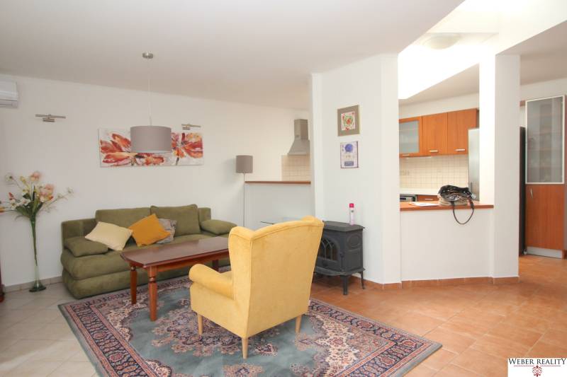 Living room with a carpet, green sofa, yellow armchair, and a kitchenette in a family house.