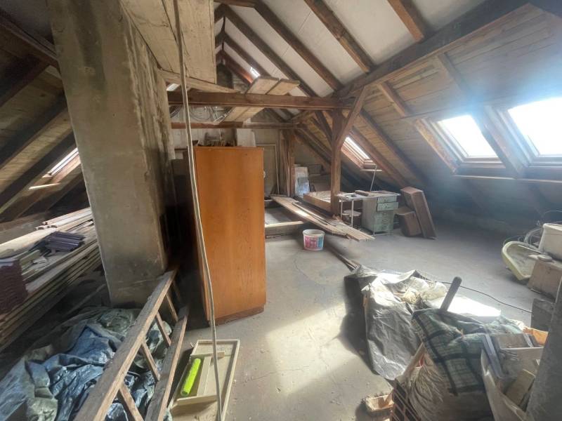 Attic in a family house with beams, skylights, and stored items.