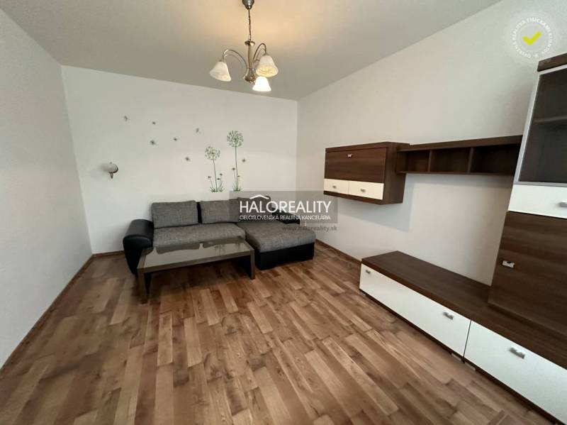 Living room in a one-room apartment with a sofa, table, and wall decor.