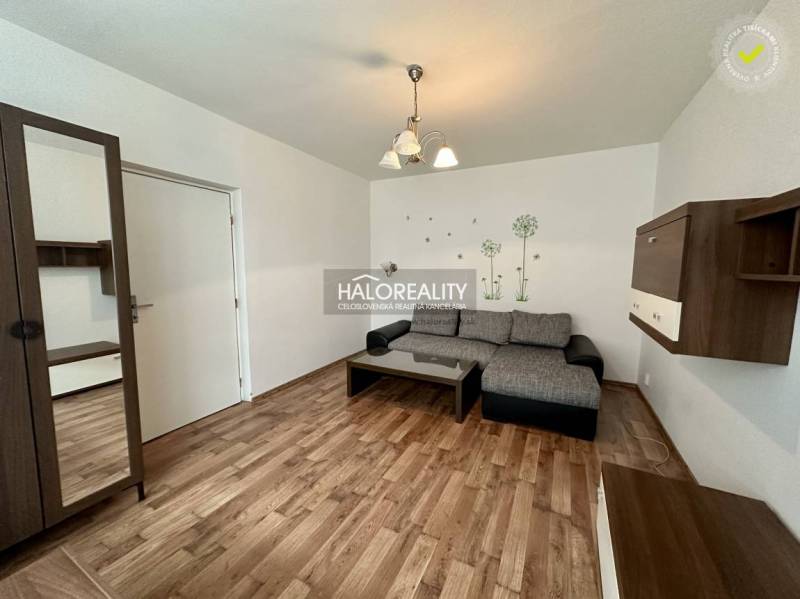 Living room with a sofa, furniture, and decorative stickers in a studio apartment.