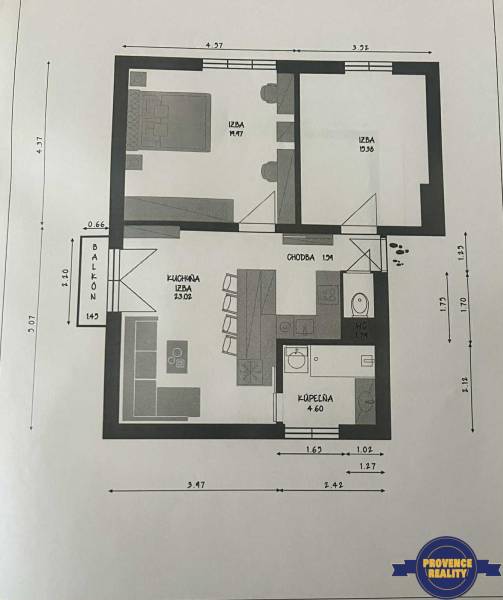 Floor plan of a 3-room apartment with a kitchen, bathroom, toilet, and balcony.