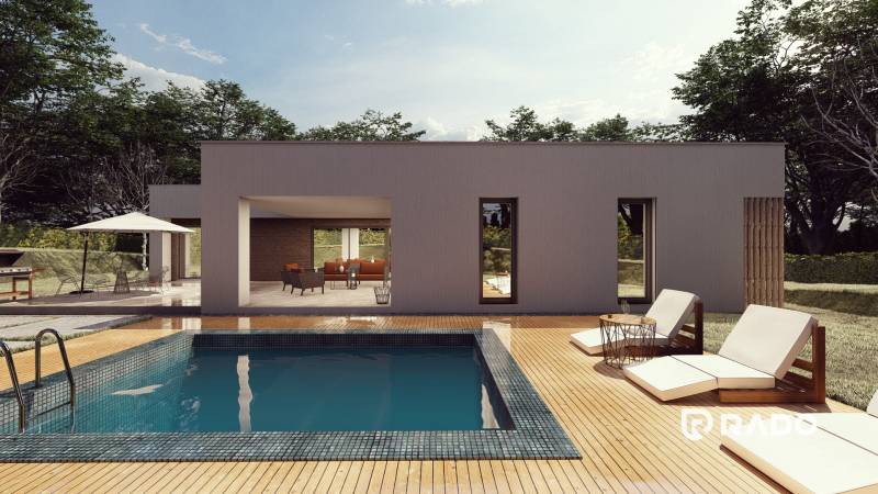 A family house in Trenčianske Jastrabie with a pool, terrace, and garden seating.