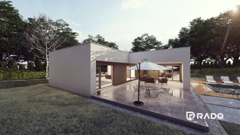 A family house in Trenčianske Jastrabie with a terrace, swimming pool, and a garden surrounded by trees.