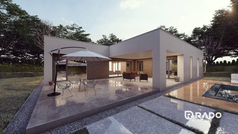 A family house in Trenčianske Jastrabie with a terrace, table, chairs, and a nearby pool.