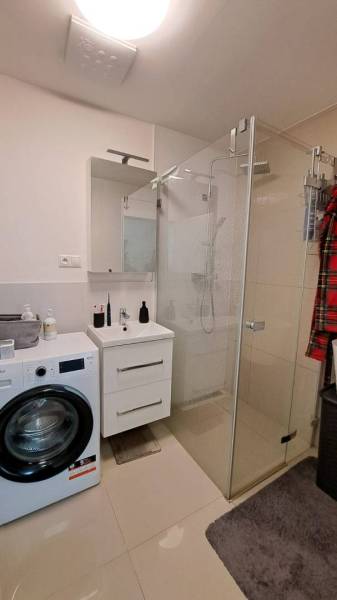Bathroom with a washing machine, shower, and sink in a 2-room apartment.