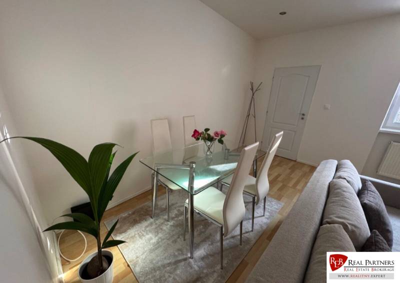 Dining area with a glass table in a 2-room apartment, light walls and a plant.