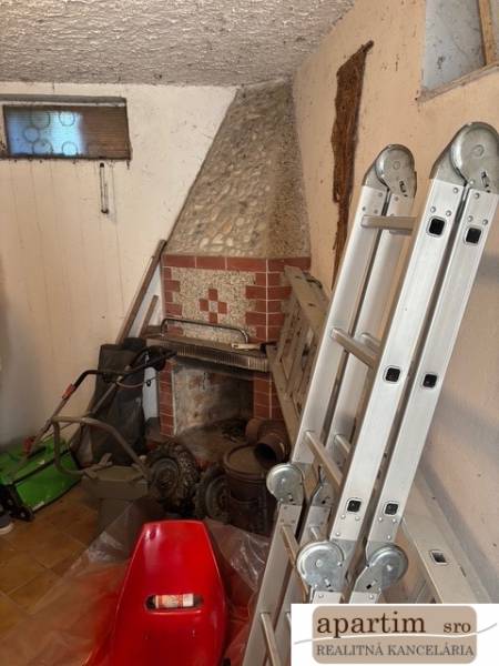 A room with a fireplace and a ladder used for storing tools. Land - living.