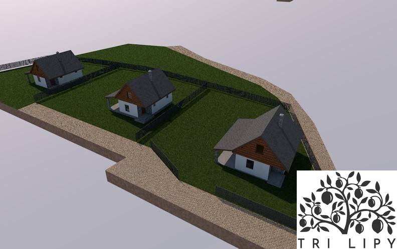 Visualization of recreational plots in Oščadnica with separate houses and the Tri Lipy logo.
