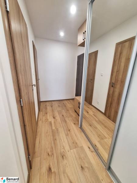 Wooden floor and mirrored wardrobe in the hallway of a 2-room apartment.