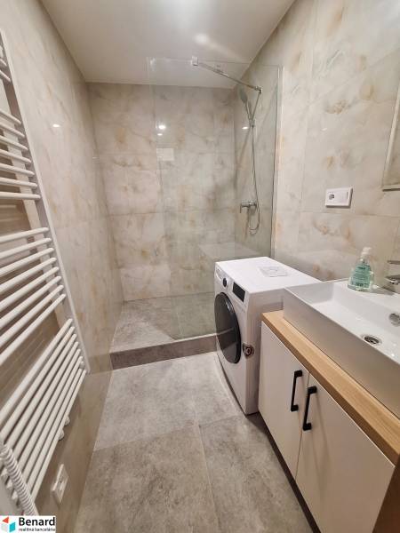 A bathroom with a washing machine in a 2-room apartment, with a walk-in shower and a sink.