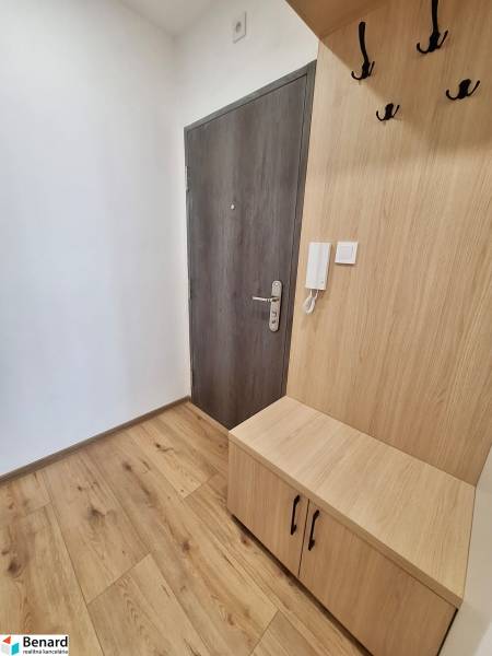 Entrance hallway with entrance door and wooden furniture in a 2-room apartment.