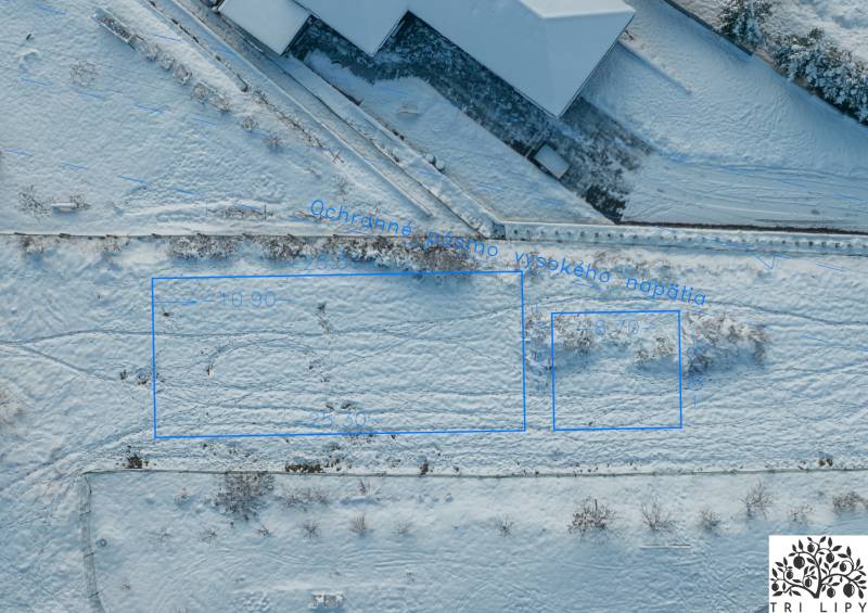 Snow-covered lands - housing in Raková, including the high voltage protection zone.