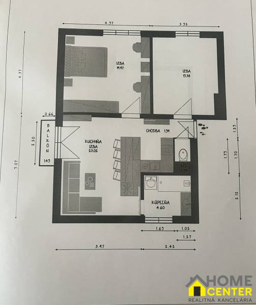 Floor plan of a 3-room apartment with a kitchen and a balcony, efficient use of space.