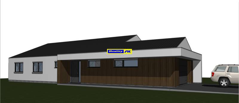 Design of a family house in Valča with a garage and dark wooden elements on the facade.