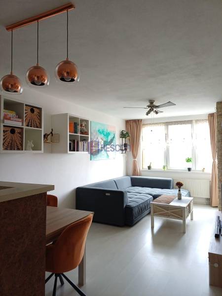 Living room with a sofa, wooden table, and interesting hanging lamps in a two-room apartment.