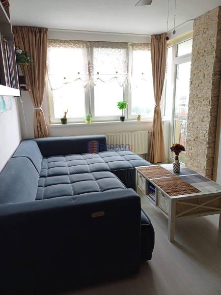 Living room in a 2-room apartment with a corner sofa and a coffee table.