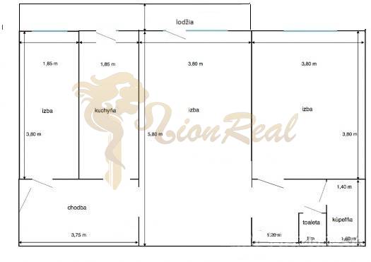 Floor plan of a 3-room apartment with a loggia and a separate toilet from the bathroom.