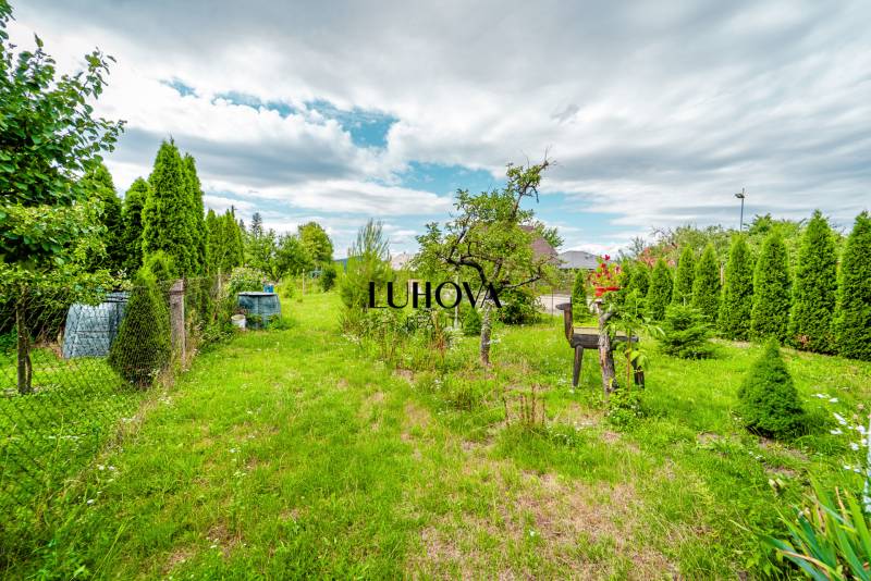 The garden of a family house in Ladce on Pavla Koyša Street full of greenery and trees.