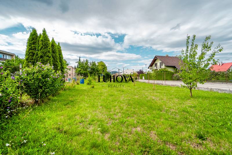 Garden at the family house on Pavla Koyša Street in Ladce with a lawn and trees.