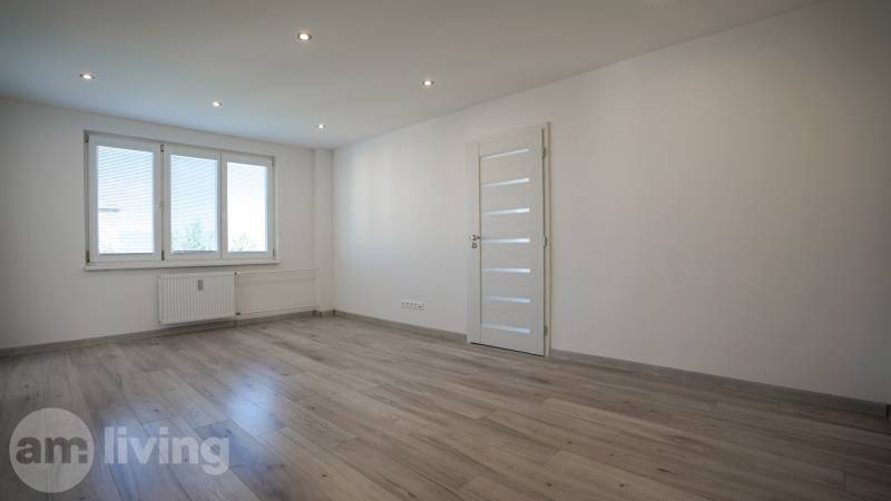 Spacious living room with wood-patterned flooring in a 2-room apartment.