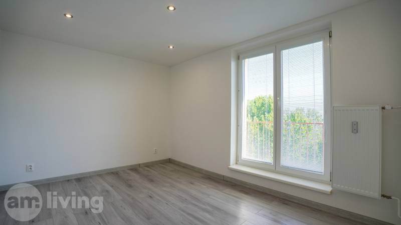 A room with a wooden floor decor and a large window in a 2-room apartment.