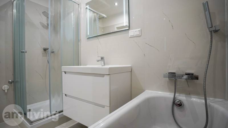 The bathroom in the 2-room apartment has a shower, a sink, and a bathtub.