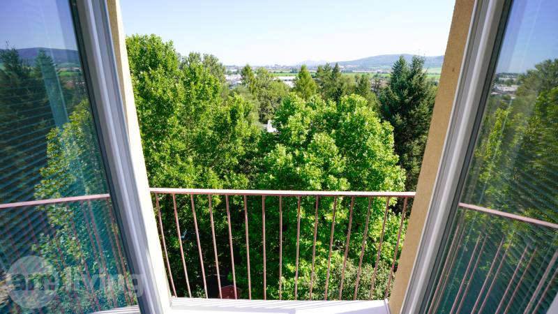 The view from the balcony in the 2-room apartment shows green trees and a distant horizon.