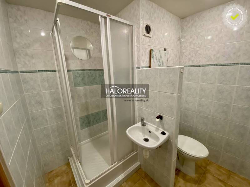 A bathroom with a simple shower, sink, and toilet in a studio apartment.