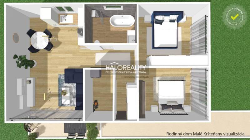 Interior visualization of a family house in Malé Kršteňany with room arrangement.