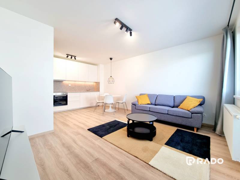 Living room of a three-room apartment with a kitchenette, light furniture, and a sofa.