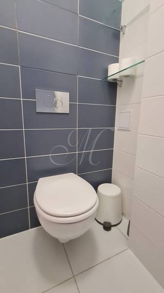 A bathroom with blue and white tiles, a glass shelf, and toilet paper.