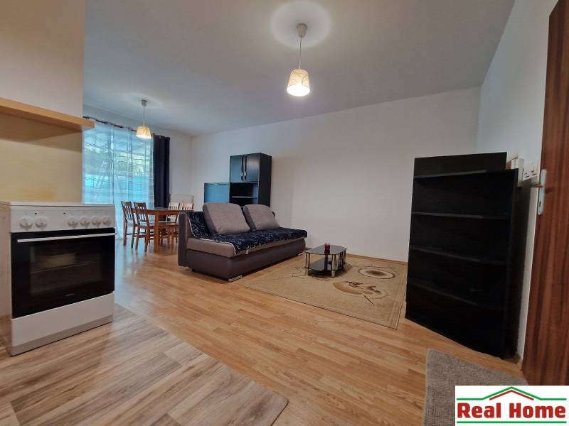 Living room in a one-bedroom apartment with a sofa, kitchen unit, and dining table.