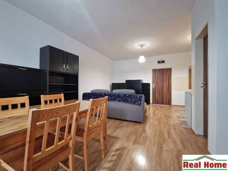 Interior of a 1-room apartment with a wooden table, sofa, and cabinets.