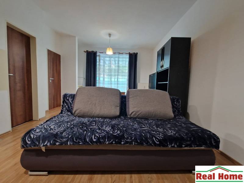 Living area, sofa, cushions, dark furniture, curtains, light flooring, studio apartment.
