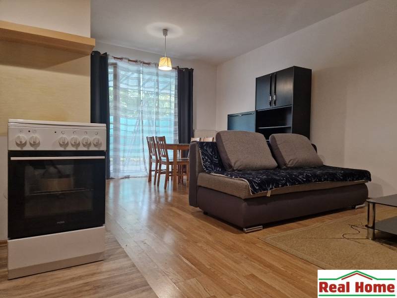 A one-bedroom apartment with a sofa, table, and stove in an open living area.