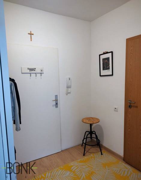 Hallway of a 2-room apartment with a coat rack, chair, and carpet.
