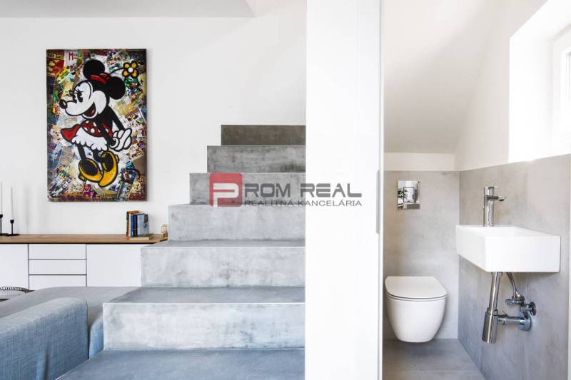 Concrete staircase with a picture on the wall. Next to it is a toilet with a sink.