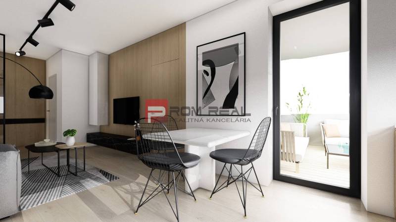 Interior of a 2-room apartment with a dining table, chairs, and a view of the terrace.