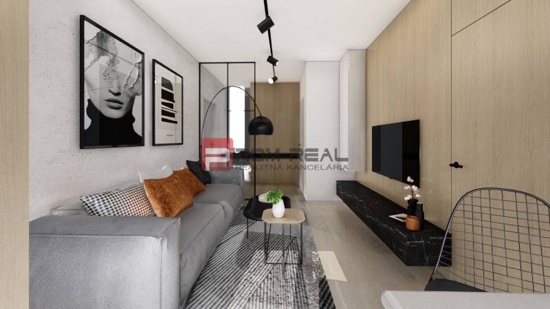 Living room in a two-room apartment with furniture, decorations, and a TV on a wooden wall.