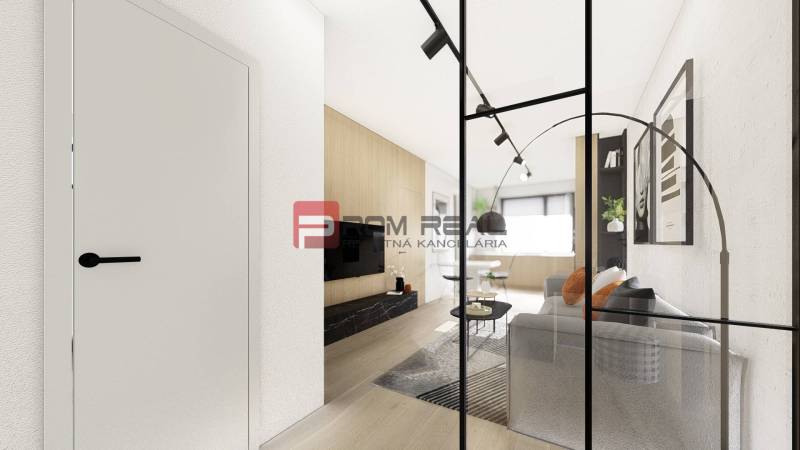 Stylish interior of a 2-room apartment with open space, decor, and furniture.