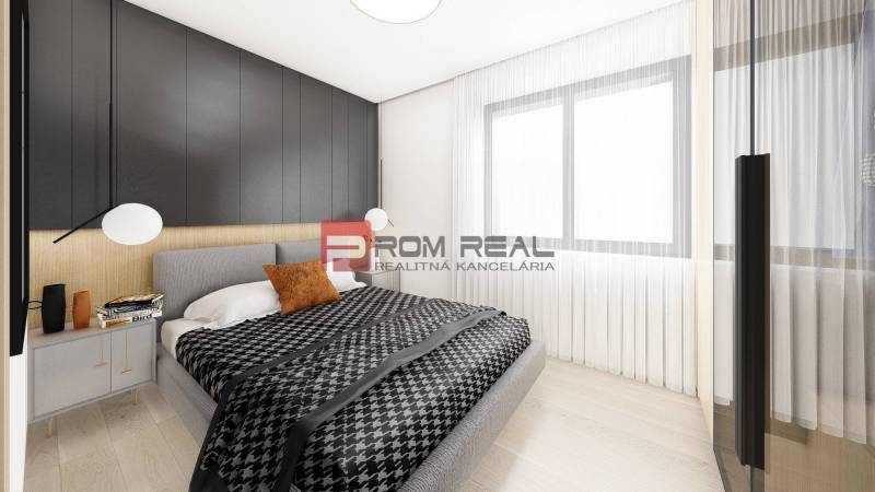 A bedroom in a two-room apartment with a black wall, a bed, and a nightstand with decorations.