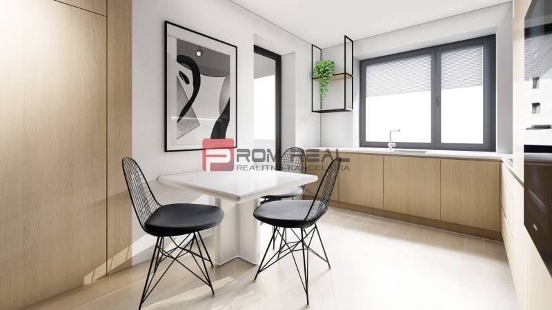 A bright kitchen in a 2-room apartment with black chairs and a painting on the wall.