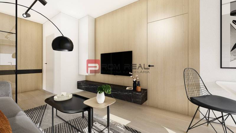 Bright living room in a two-room apartment with wooden walls and black accessories.