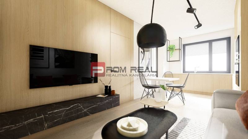 Living room of a two-room apartment with a television, dining table, and wooden details.